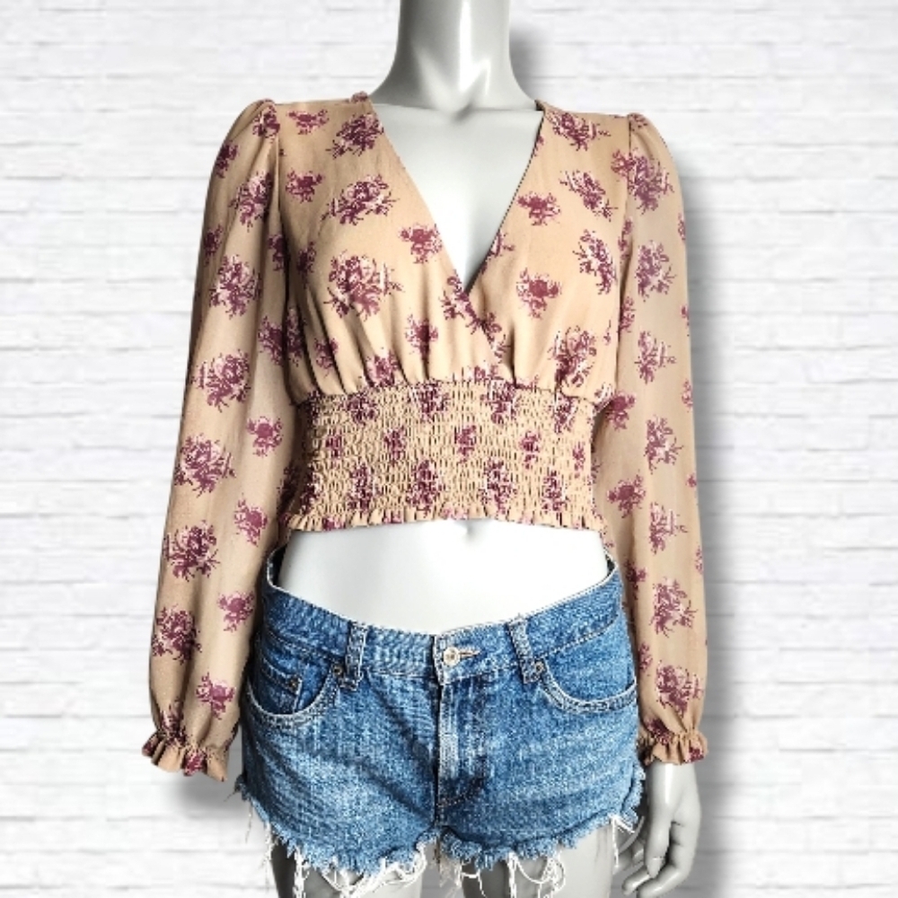 Aritzia Wilfred Wistful Floral Print Smocked V Neck Blouse Size S - Picture 2 of 15